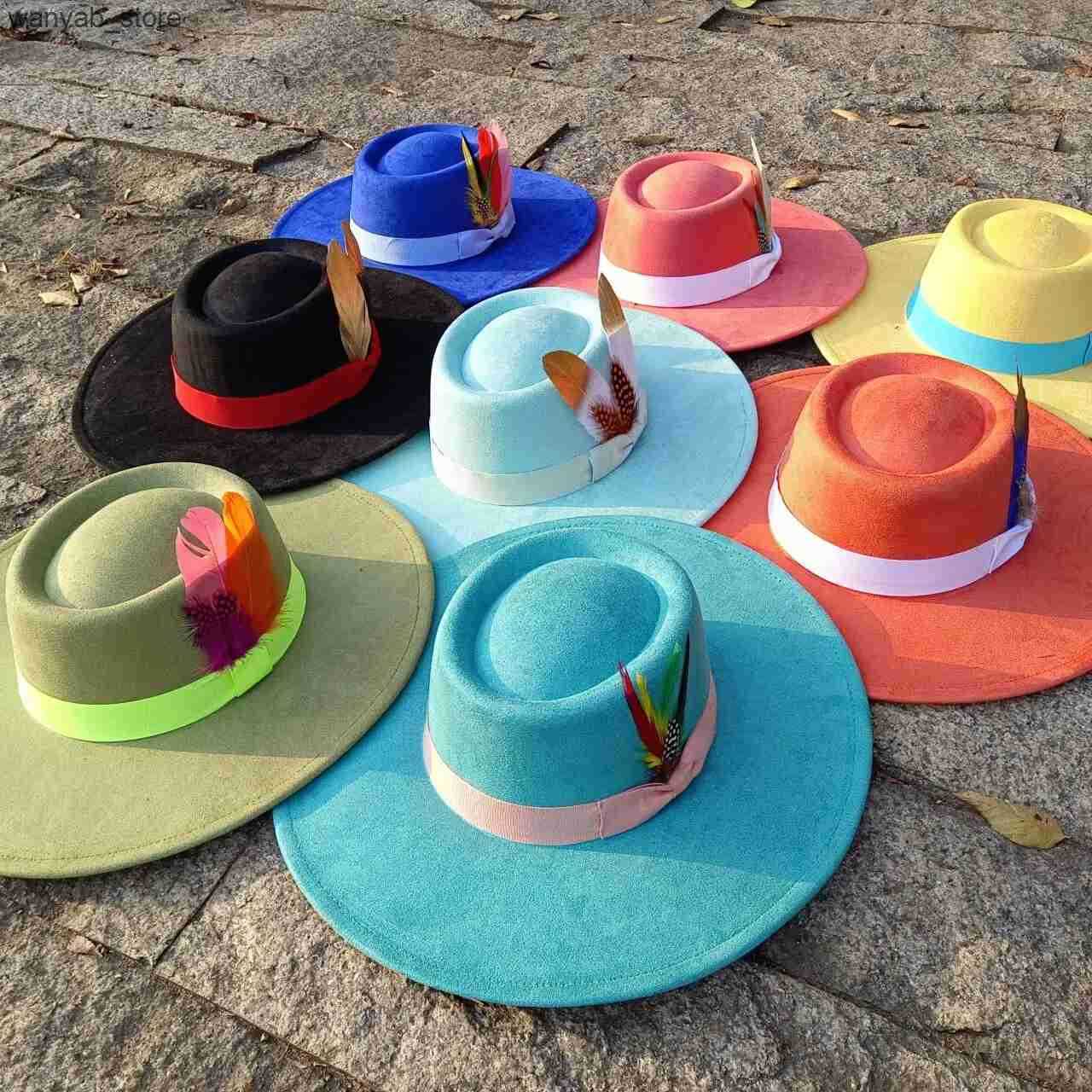 Wide Brim Hats Bucket Hats sombrero mujer fedora hat 9.5cm brim bow webbing feather accessories jazz hat men and women nubuck leather L240910