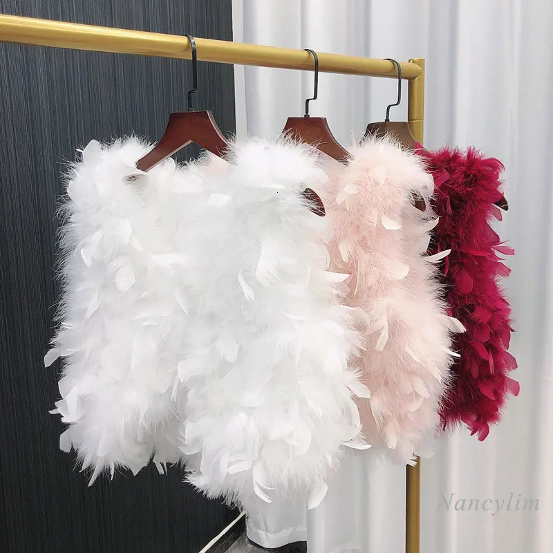 Vest For Women New V-Neck Autumn Sweet Short High Waist Real Ostrich Feather Fur Birthday Party Wear Lady Princess Vests