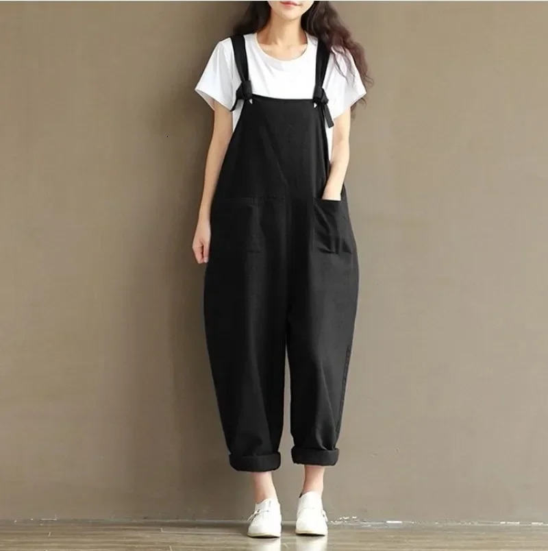 Womens Solid Color Simple Suspender Jumpsuit Sanded Cotton Pocket Loose Casual Pants Daily Wear S3XL 241120