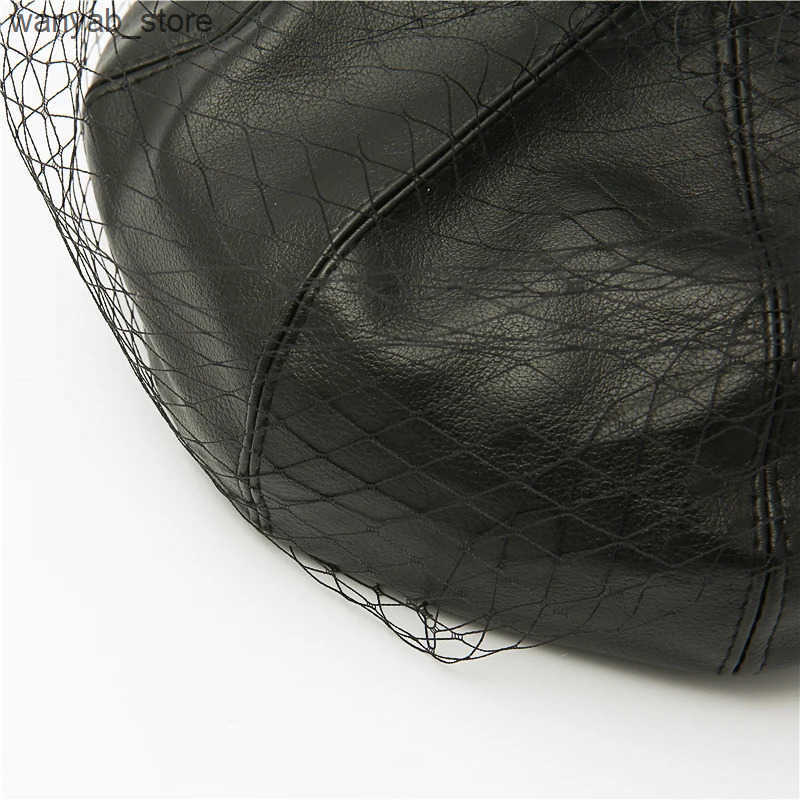 Berets 2022 New spring summer Black Hat Chic Leather French Beret With Veil Mesh Show Double Layer Women Beret Beanies Cap L240910