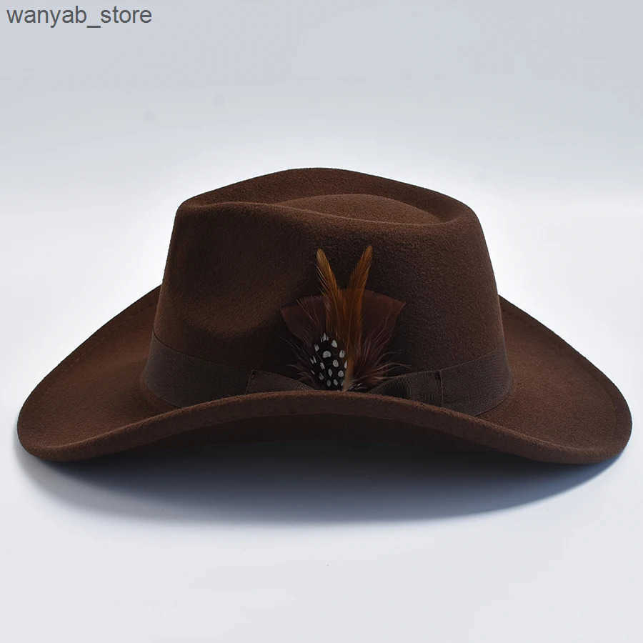 Wide Brim Hats Bucket Hats Fashion Men Woolen Blend Fedoras Hat with Feather Curved Brim Gentleman Cowboy Hats L240910