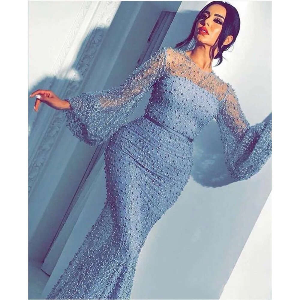 New Blue Mermaid Sexy Evening Dresses Illusion Lace Beaded Pearls Long Poet Sleeves Sweep Train Plus Size Prom Party Pageant Gowns 6660306