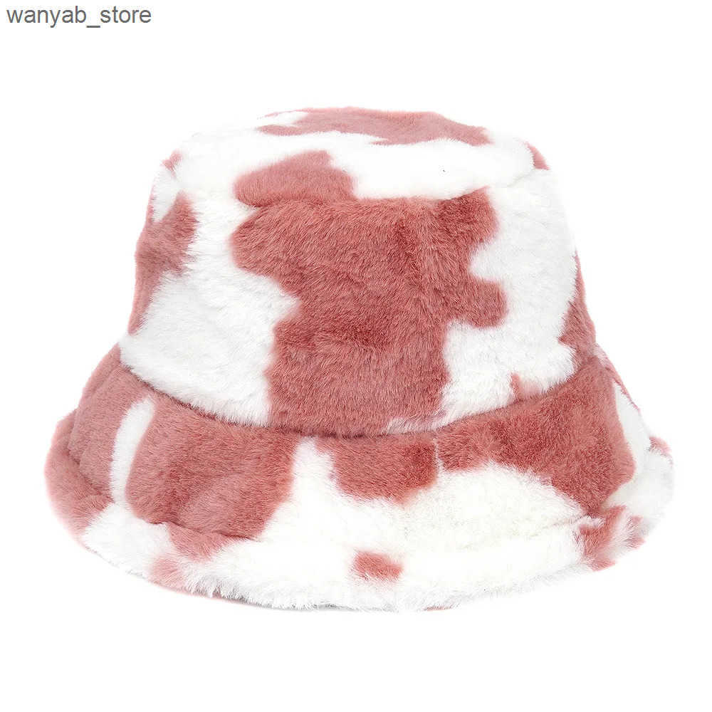 Wide Brim Hats Bucket 2024 Winter New Fluffy Hat Mens Fashion Warm Unisex Fisherman Womens Leisure Print Basin Cap L240910