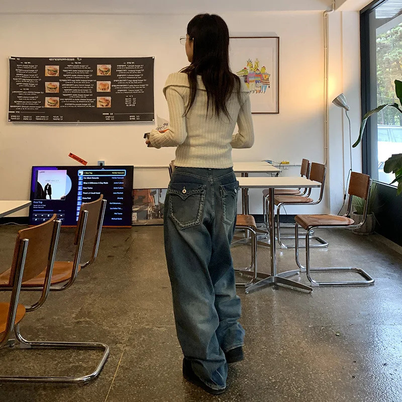 American Street Spice features baggy pocket version Basic jeans lowrise wash straight casual pants 241121