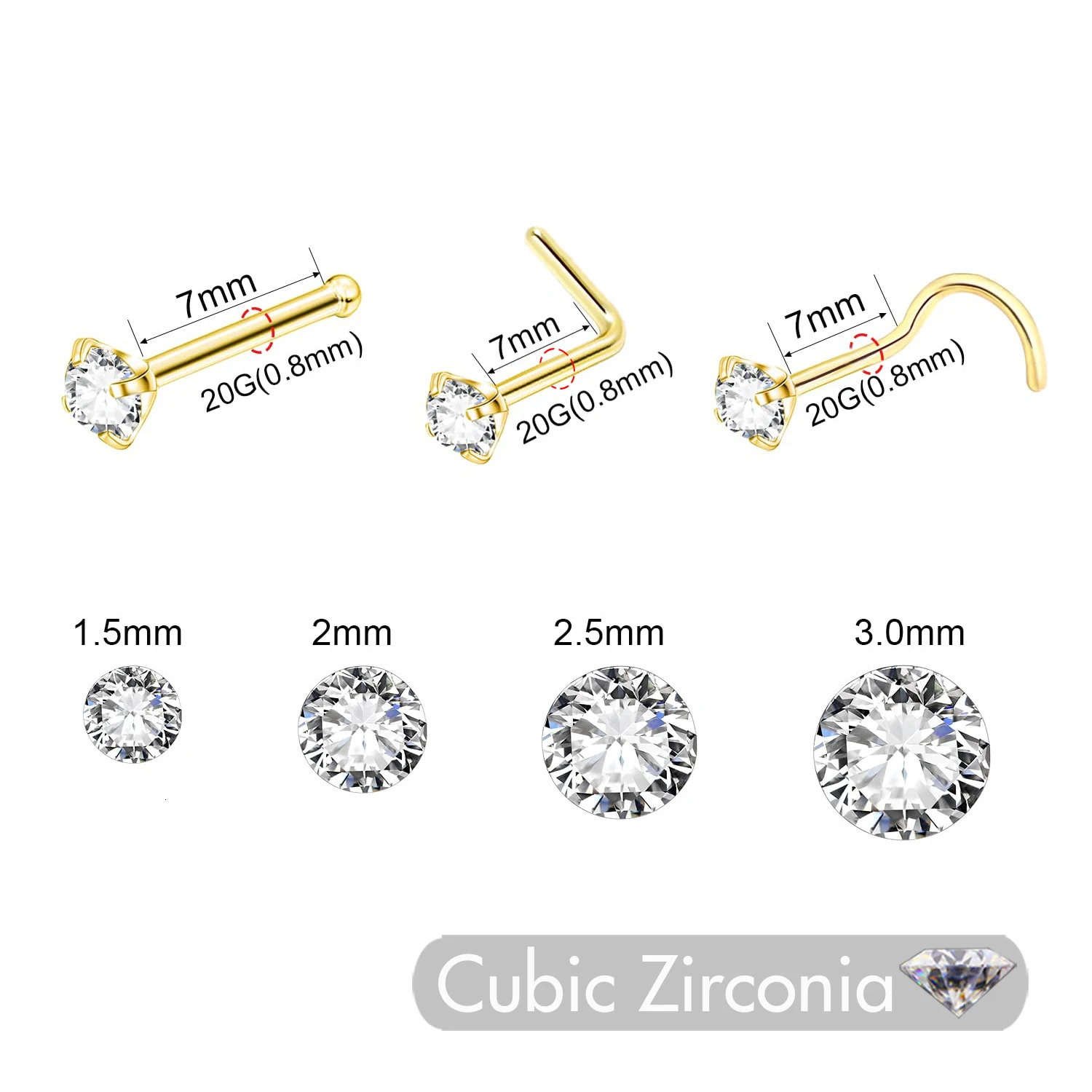 5Pcs Stainless Steel Nose Rings Stud Nostril Piercing Ring Crystal Gem for Women Girl Pierings Jewelry Bone S L shape 20g08mm 241125