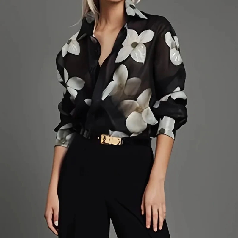 Spring Summer Long Sleeves Loose Floral Printed Lapel Blouses 2024 Casual Button Office Shirts For Urban Lady 241121