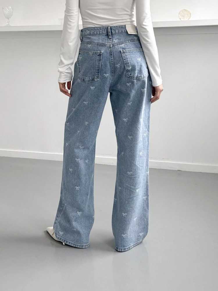 Women's Jeans Womens light blue jeans pants Korean bag bow decorative high waisted straight leg pants womens casual printed buttons H241130