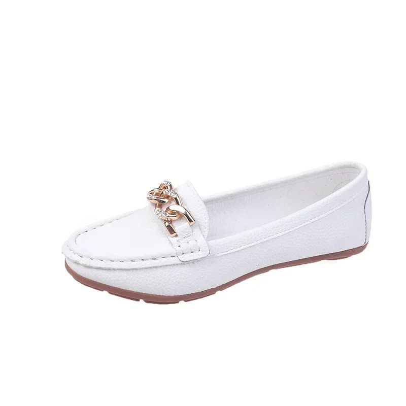 Spring Autumn Bean Shoes Female Women Round Head Low Heel Metal Chain Casual Footwear Mother Lady Loafer 241126