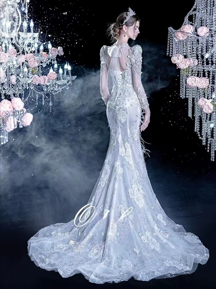 Plus Size Luxurious Lace Beaded Wedding Dresses Arabic Aso Ebi long sleeves crystals pearls beaded Mermaid Bridal Dresses Vintage Wedding Gowns feathe