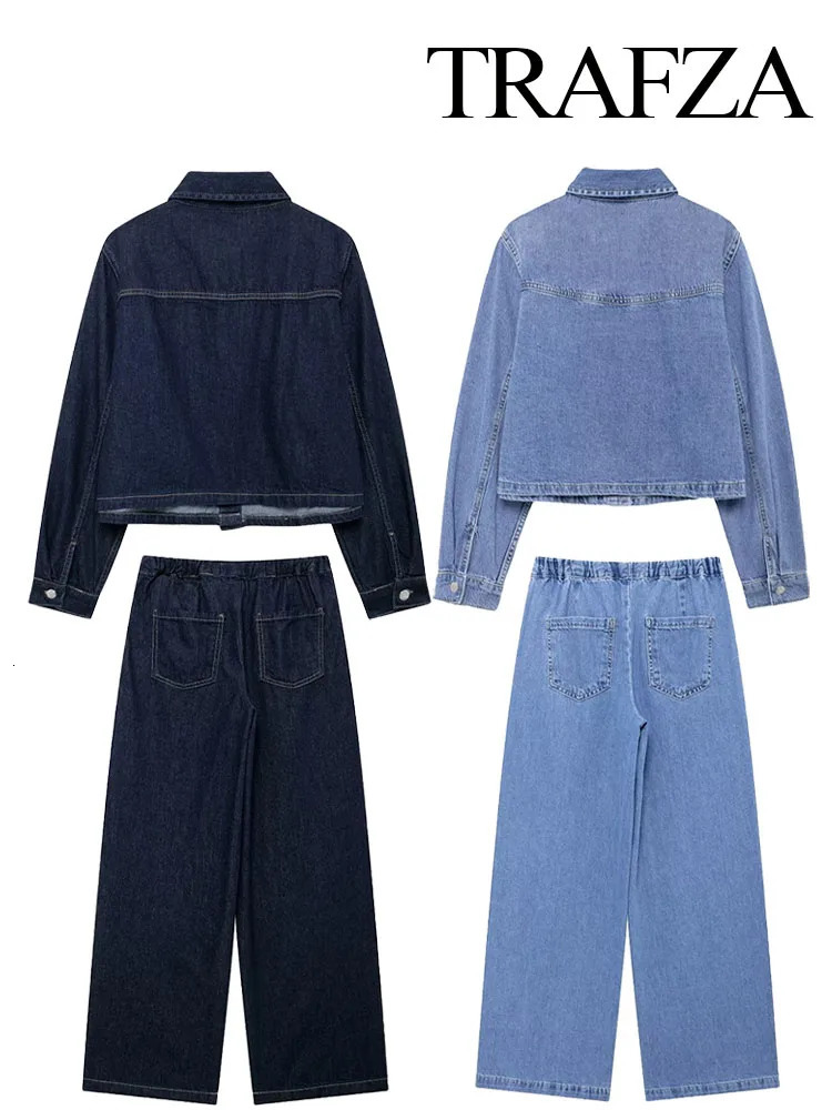 TRAFZA Autumn Fashion Women Suits Solid TurnDown Collar Pocket Single Breasted Denim ShirtsHigh Waist LaceUp Jeans Female Set 241129