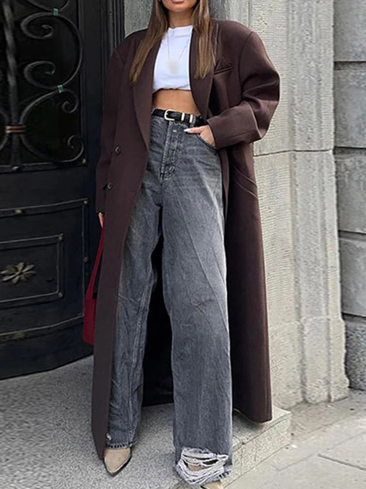 Fashion Women Overcoat Turndown Collar Pocket Full Sleeve Long Coats Double Breasted 2024 Autumn Winter Lady Jacket 241129