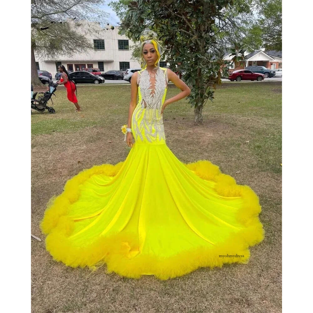 Yellow Satin Long Prom Dress 2024 For Black Girls Beading Sequins Lace Ruffles Evening Birthday Party Gown Vestidos 0431