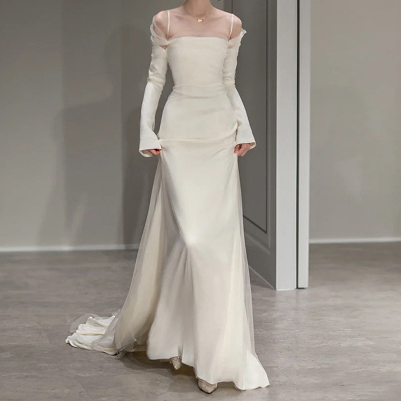 Elegant Mermaid Ivory Wedding Dress 2024 Off the Shoulder Backless Silk Satin Bridal Party Gowns Sweep Train Vestidos De Novias