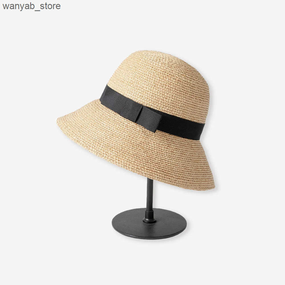Wide Brim Hats Bucket % Natural raffia straw hand weaved bucket hat women wide brim foldable L240910