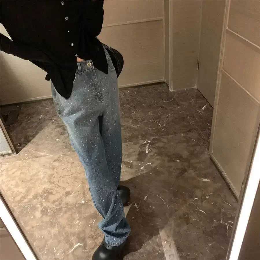 Women's Jeans Starry Hot Rhinestone Shining Diamond High Waist Jeans for Women Autumn New Loose Casual Laundry Straight Leg Pants H241130