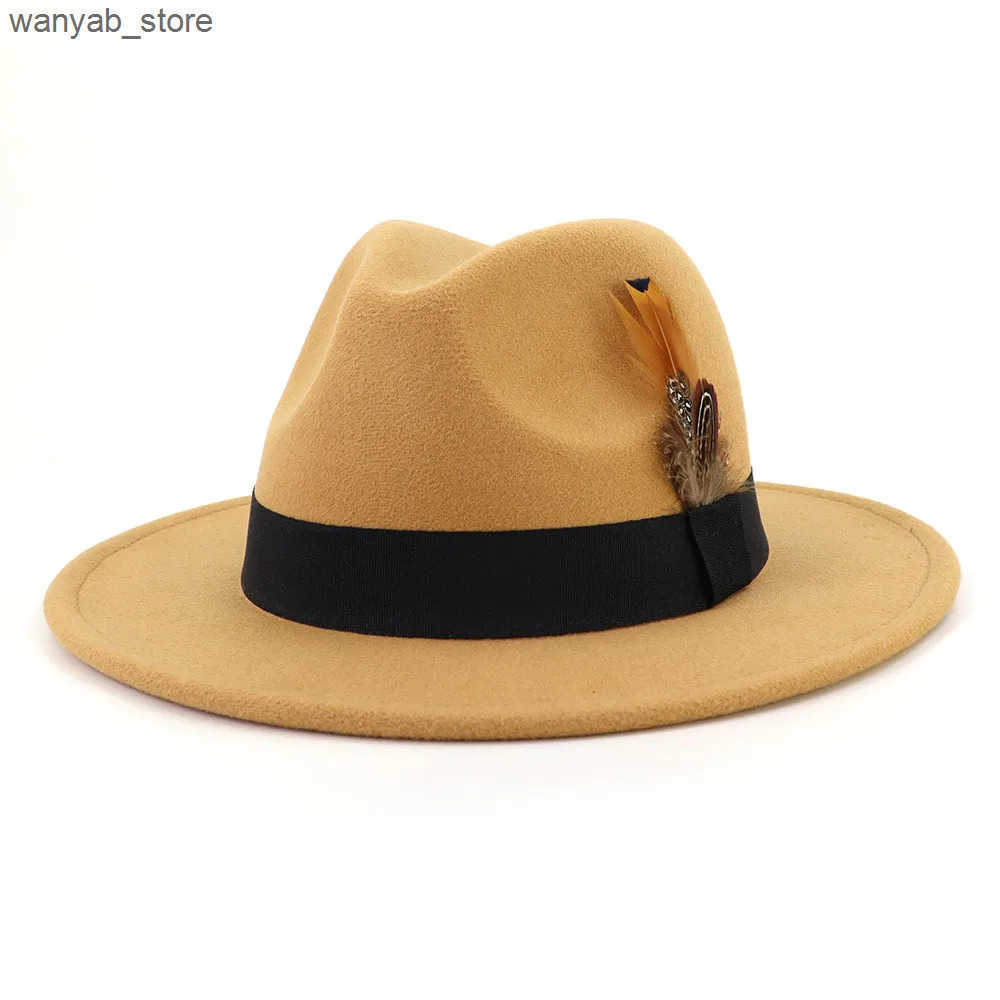 Wide Brim Hats Bucket Hats New Feather Top Hat Men Women Elegant Jazz Fedora Hats Party Wedding Church Panama Felt Cap Wide Brim Sun Protection 58-60c