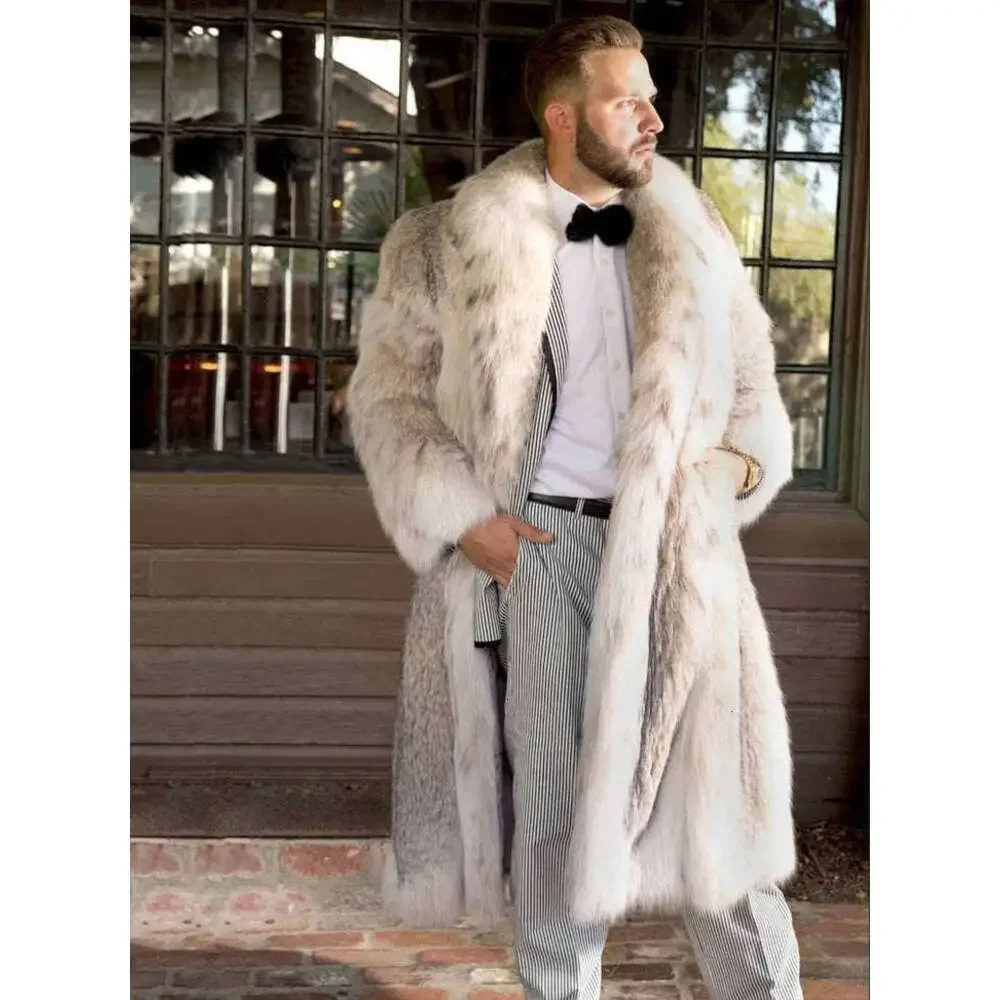 Mens Faux Long Bobcat Leopard Print Comfortable Thick Warm High Quality Fur Coat 241120