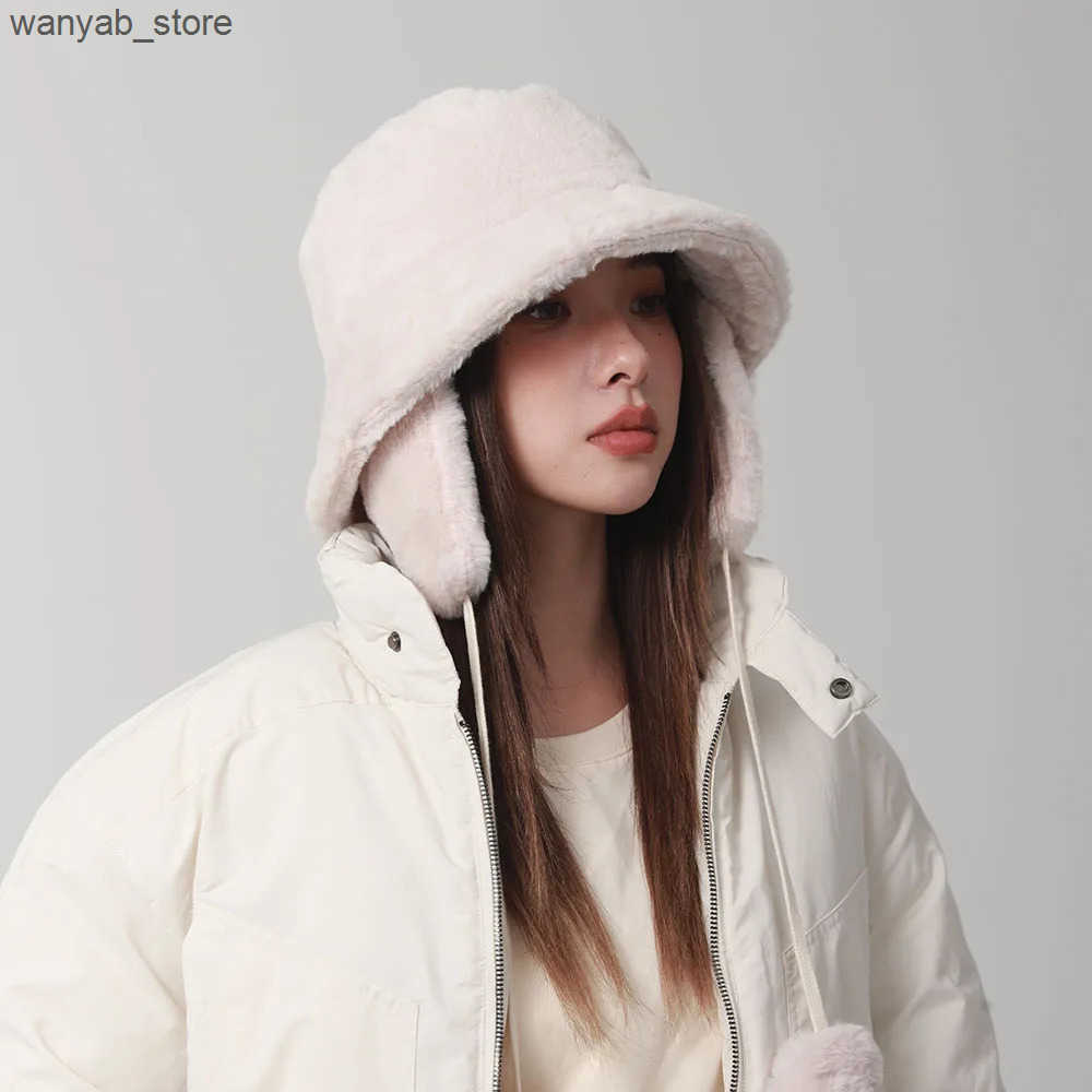 Wide Brim Hats Bucket Bomber Winter warm bucket hat hats for women Golf cap Hiking fur Barrel Cotton fabric Ear protection L240910 L0910
