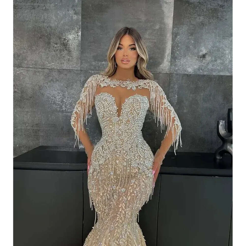 Ao Mermaid Ebi Champagne Prom Dre Beaded Crytal Evening Formal Party Second Reception Birthday Bridemaid Engagement Gown Dree Robe De Soiree E 6660306