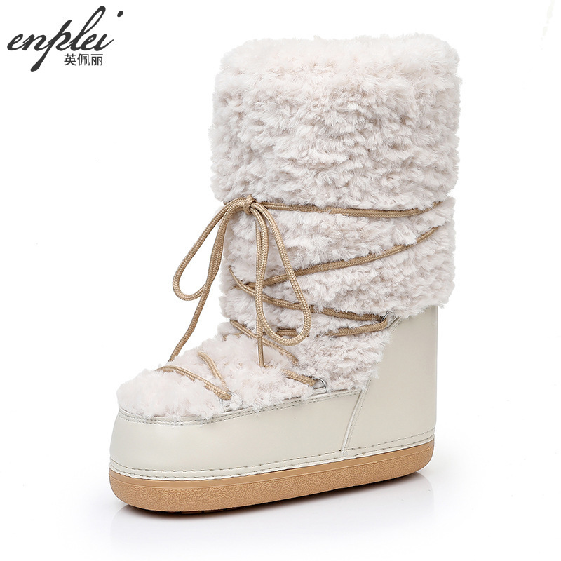 Winter Fur Leather Boots Snow Boots Womens Fluffy Fury Artificial Fur Leather Boots Mid calf Platform Pink Black and White Fur Leather Boots 241113