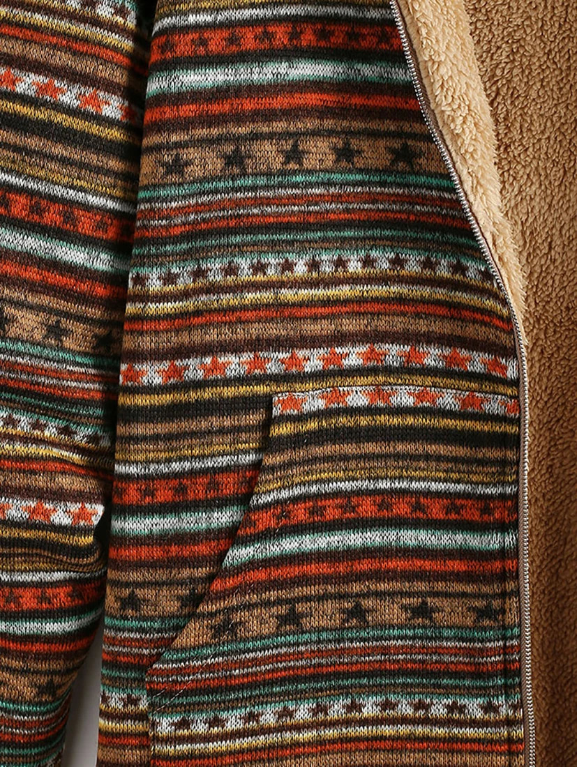 Ethnic Print Faux Fur Lined Hooded Zip Coat Female Long Fuzzy Jacket Winter Clothe Outerwear 241129