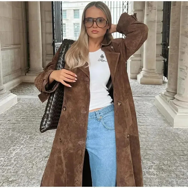 Autumn Suede Leather Vintage Brown Long Windbreaker Coat Fashion Belt Full Sleeved Overcoat 2024 Winter Lady High Street Outwear 241121
