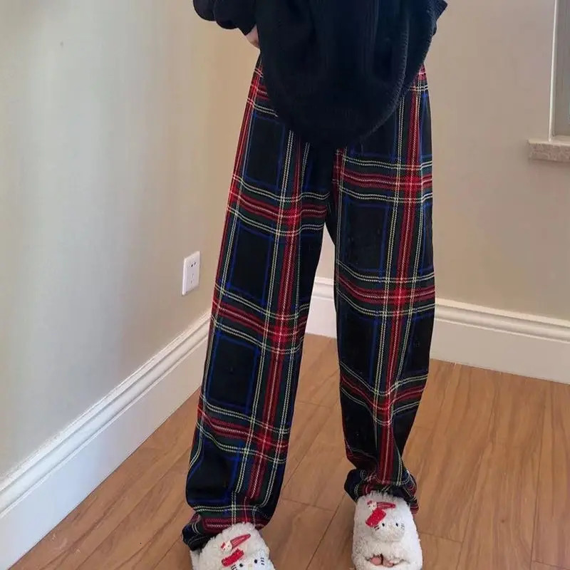Padded Thickened Wide Leg Pants Winter LambswoolPlaid Female High Waist Casual Straight 241125