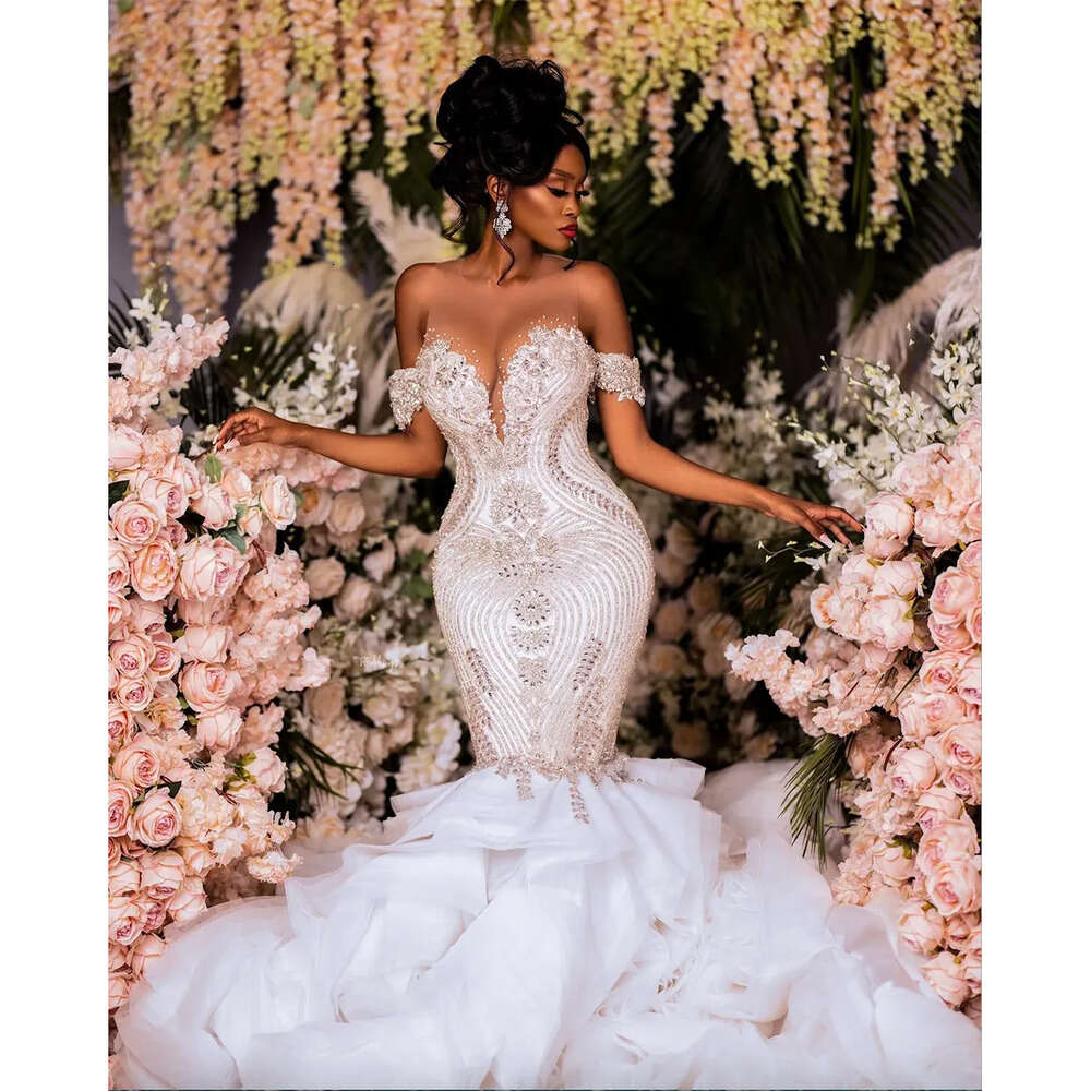 Bridal Designer Dresses Mermaid Wedding Gown Off The Shoulder Straps Crystals Beaded Satin Beach Ruffles Custom Made Vestidos De Novia Plus Size