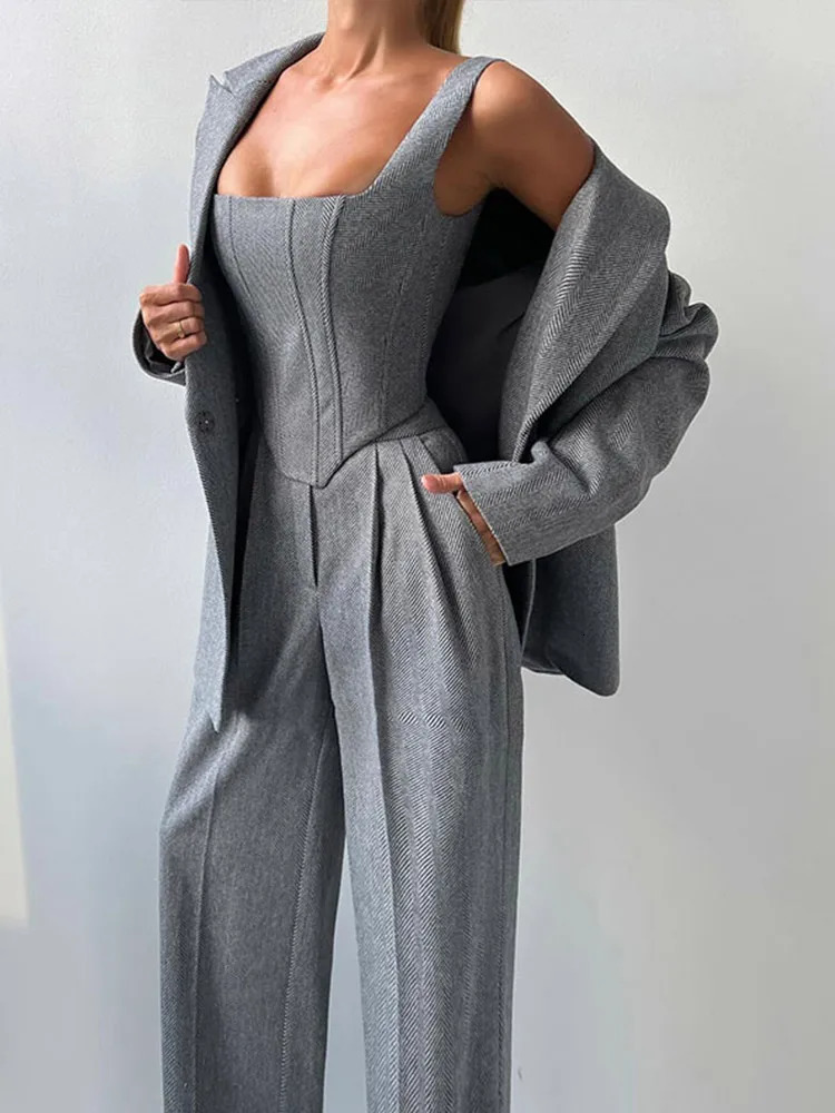 Casual Solid Womens Blazer Coats Pants 3 Pieces Sets Elegant Long Sleeve Coat Fishbone Top High Waist Wide Trousers Lady Suits 241129