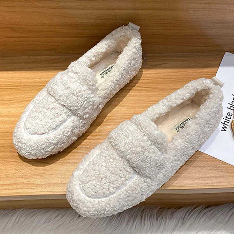 Plus Size Women Shearling Flats Furry Lambswool Mocasines Mujer Warm Cotton Shoes Ladies Slip On Sheep Fur Lined Loafers Winter 241126