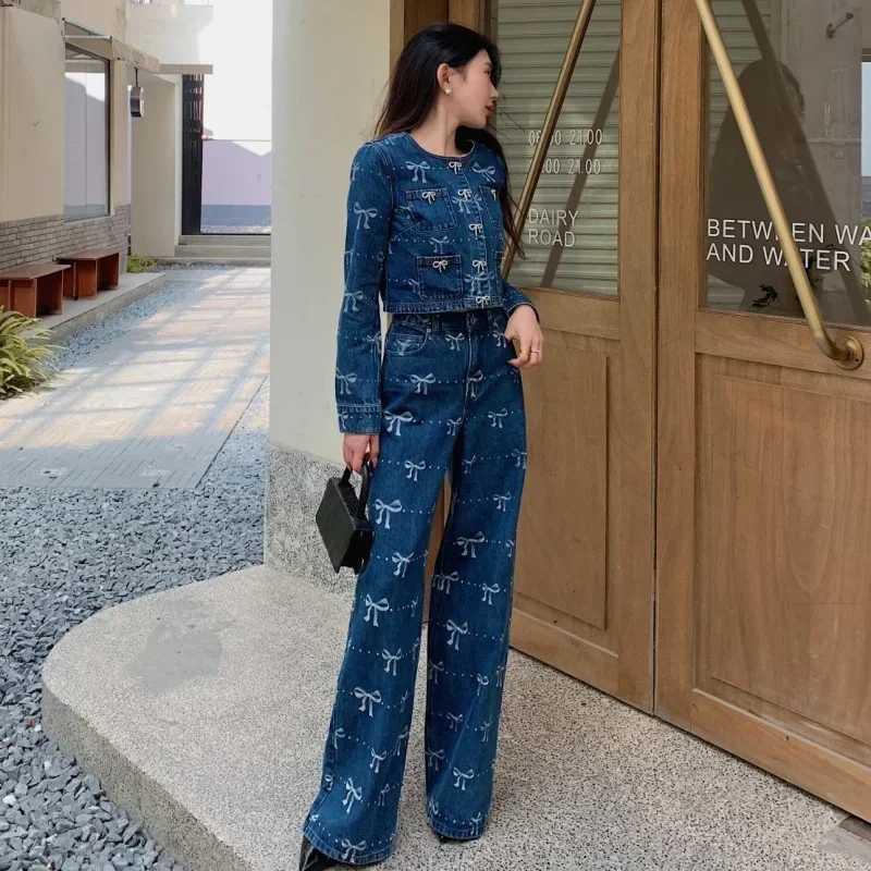 Women's Jeans Womens 2024 new bow decoration print wide leg fashionable denim Trouser H241130