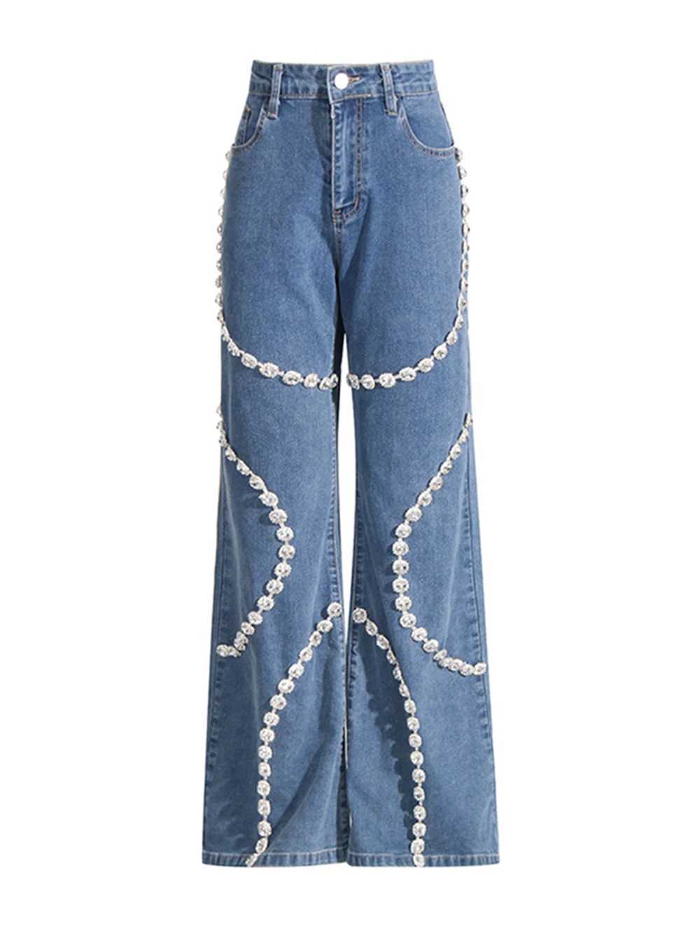 Women's Jeans Diamond Chain Jeans y2k Clothing Womens High Waist Wide Leg Beaded Denim Pants Fashion Mens Clothing H241130