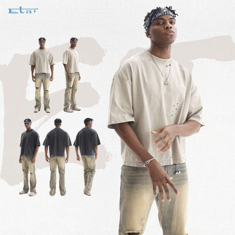 Retro Teen Solid Color High Quality Heavy Short Sleeve Men's American Street Style 100% Cotton Loose T-Shirt B3