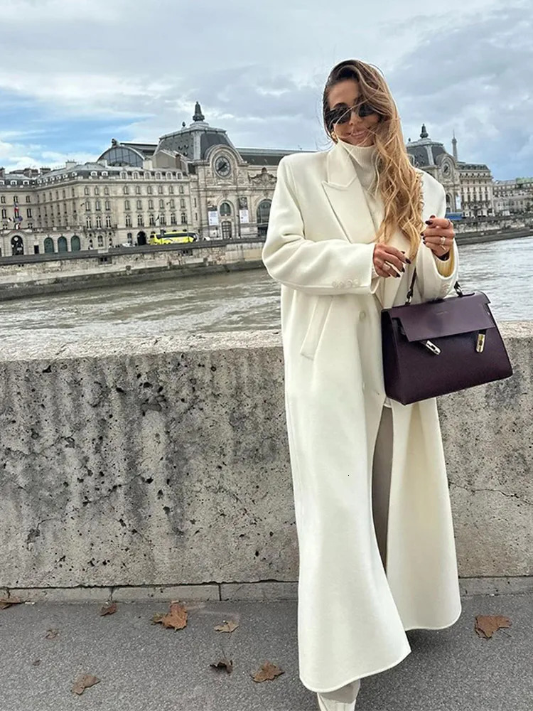White Elegant Double Breasted Loose Woolen Coat 2024 Women Chic Oversized Long Sleeve Overcoat Fall Winter Ladies Outerwear 241121