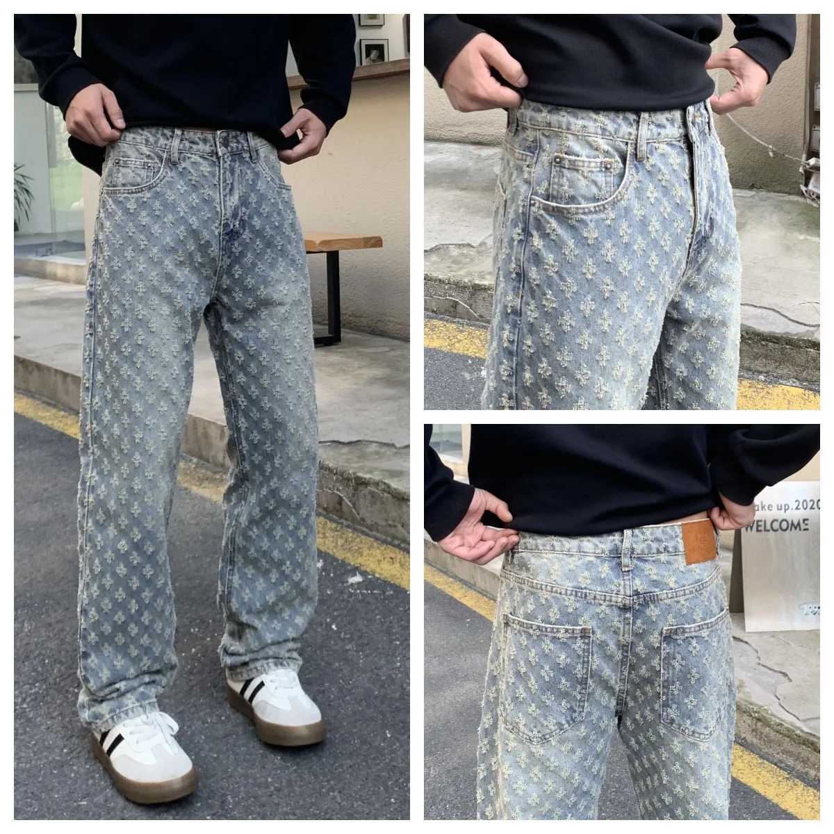 Women's Jeans Jacquard pattern straight leg loose denim pants mens Fit Trousers Distressed Holes new retro mens pocket jeans H241130