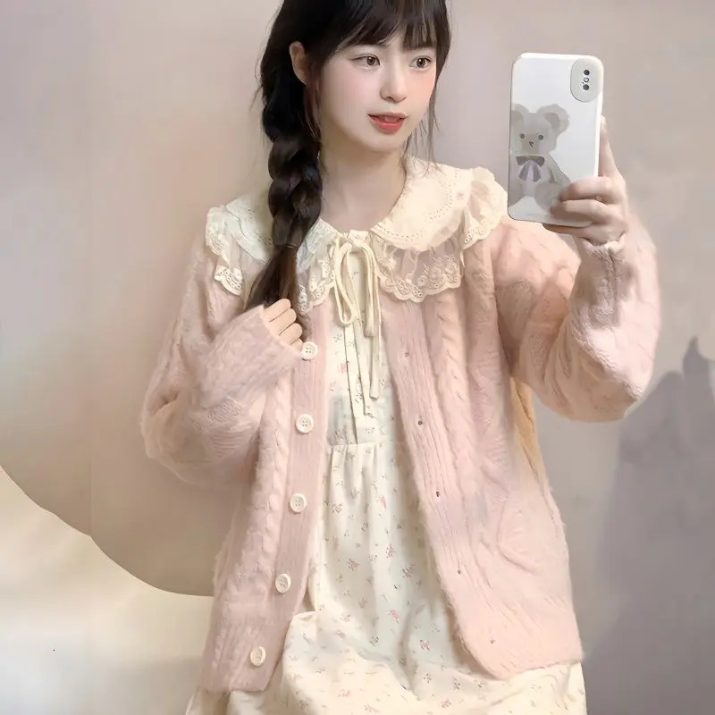 Harajuku Sweet Pink Long Sleeve Knitted Top Y2k Peter Pan Collar Floral Dresses 2024 Autumn Two Piece Sets 241129