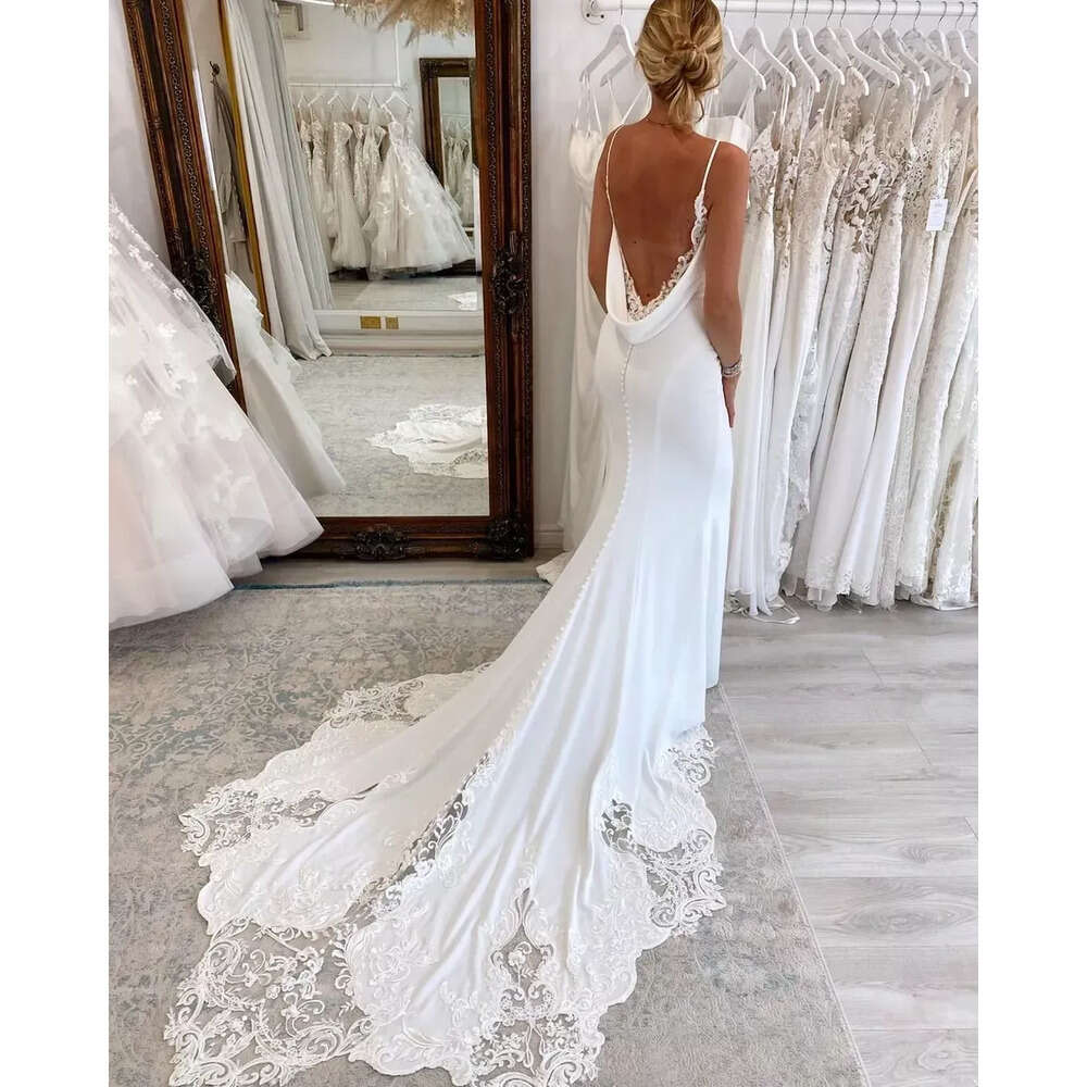 Spaghetti Wedding Sexy Mermaid Backless Straps Lace Appliques Button Covered Open Back Long Bridal Gowns Dresses Custom Made Bc15453