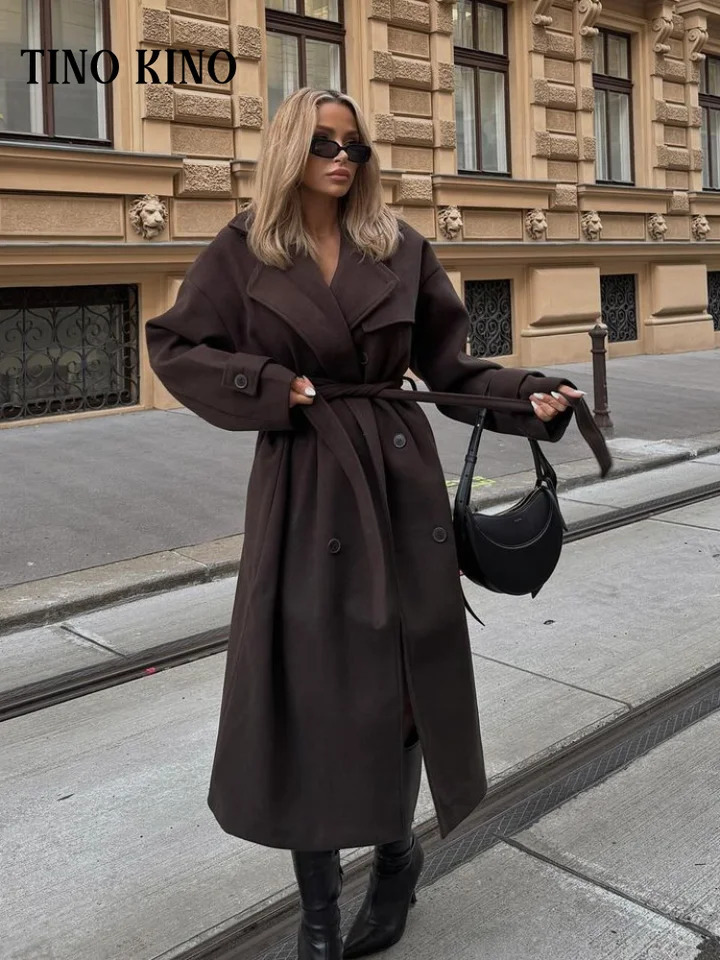 Fashion Solid Woolen Womens Coats With Belt Lapel Full Sleeve Double Breasted Loose Long Overcoat 2024 Autumn Lady Outwears 241121