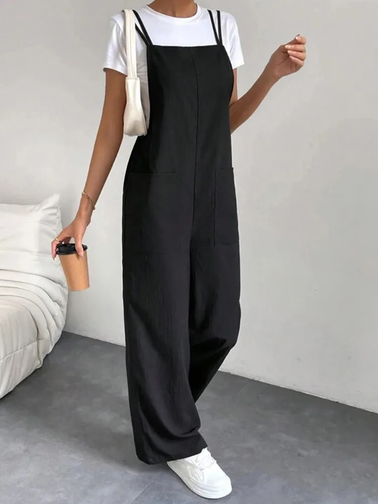 European and American Suspender Jumpsuit Womens 2024 Summer Fashion Casual Solid Long Wide Leg Women Overalls 241120