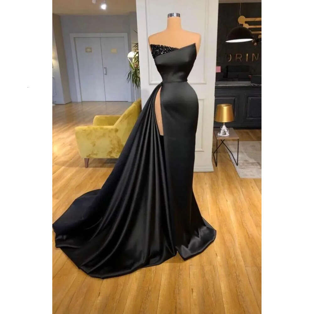 New Gothic Black Evening Dresses Sexy High Thigh Split Sheath Women Prom Gowns Strapless Beads Sequins Long Robes Vestidos De Bal Bc