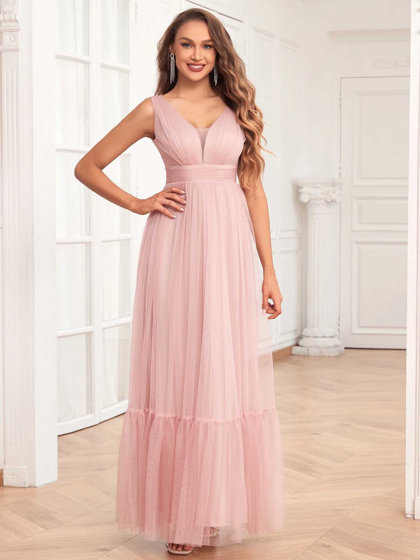 Runway Dresses New Womens Elegant Double V Neck Slveless Tulle Fully Lined Evening Gown A-Line Fluffy Tulle Wedding Bridesmaid Party Y240426
