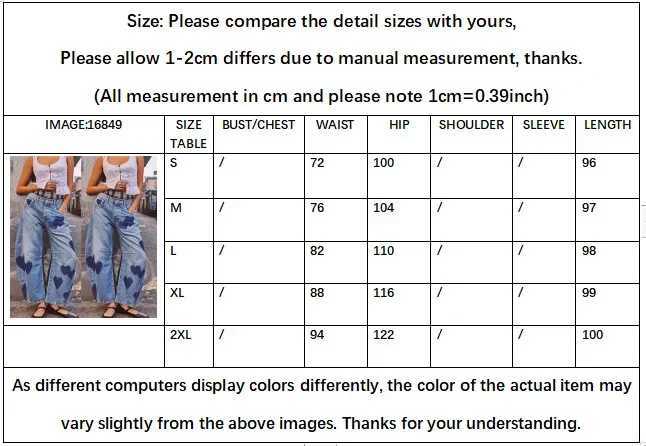 Women's Jeans Womens denim printed pants casual loose denim blue mother heart-shaped mid waist wide leg pants pocket button Y2k splicing 2024 H24
