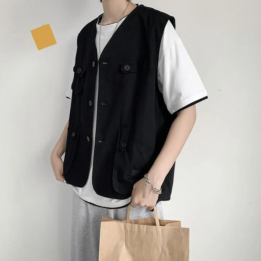 Sports Vest Mens Collarless Sleeveless Cargo Waistcoat with Multi Pockets Solid Color Outdoor Coat for Casual Style 241129