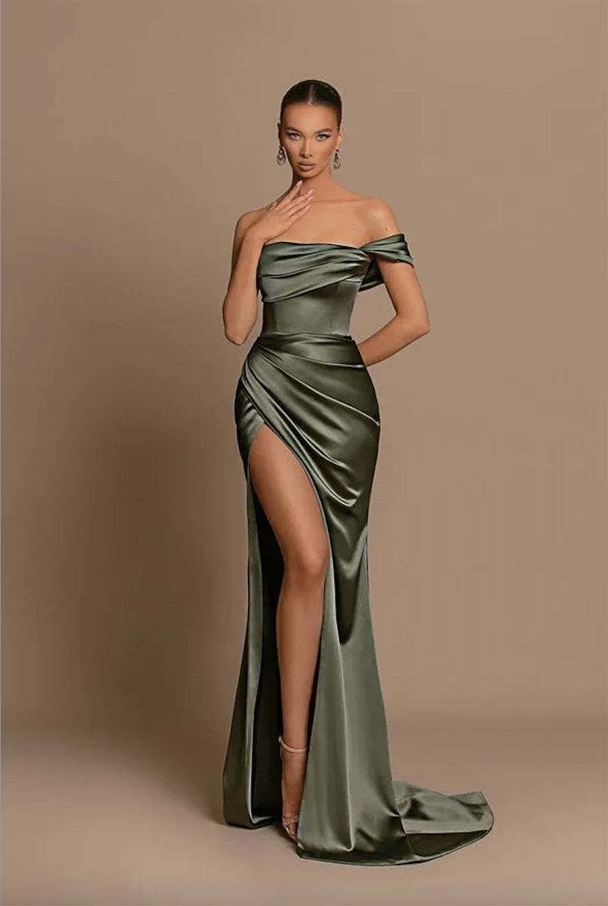 Elegant Olive Off Shoulder Bridesmaid Dresses Sheath Mermaid Backless Pleats SPlit Maid of Honor Gowns Women Formal Evening Prom Dress