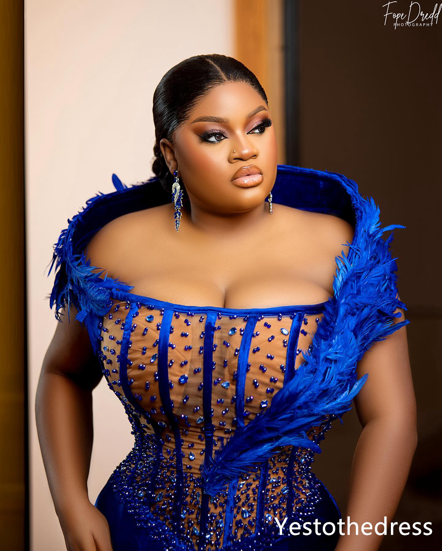 R&W 2024 Plus Size Prom Dresses for Black Women Promdress Feathered Portrait Beaded Veet Birthday Dress Second Reception Gowns Engagement Gown Vestido