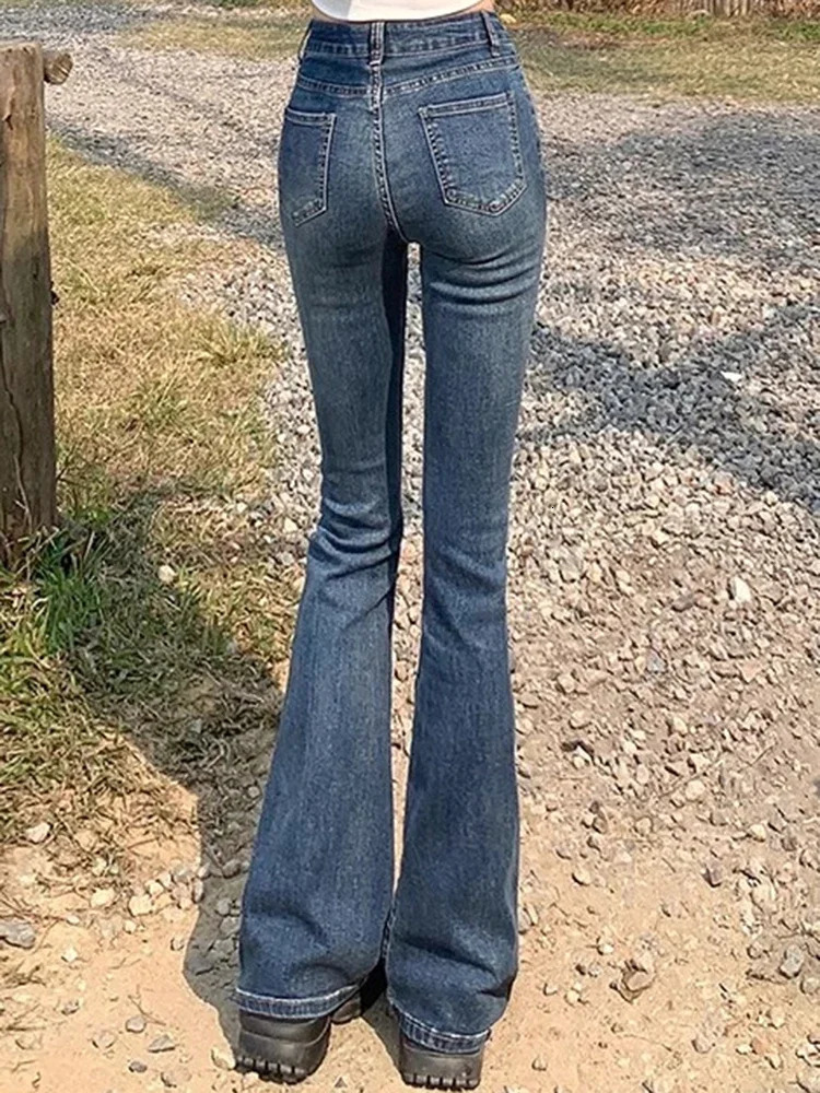 Female High Waist Vintage Bell Bottom Jeans Lady Slim Fit Denim Flare Pants Deep Blue Light Black Gray Trousers 241121