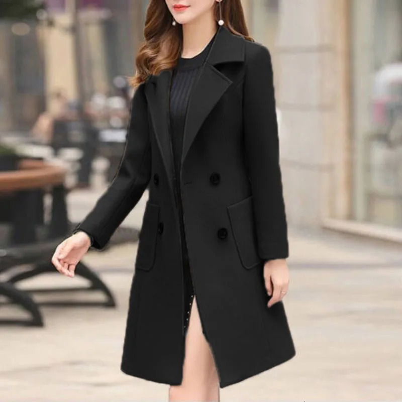 2024 Autumn Winter Women Long Woolen Coats Double Breasted Female Solid Color Slim Fit Outerwear Turndown Collar Streetwear 241129