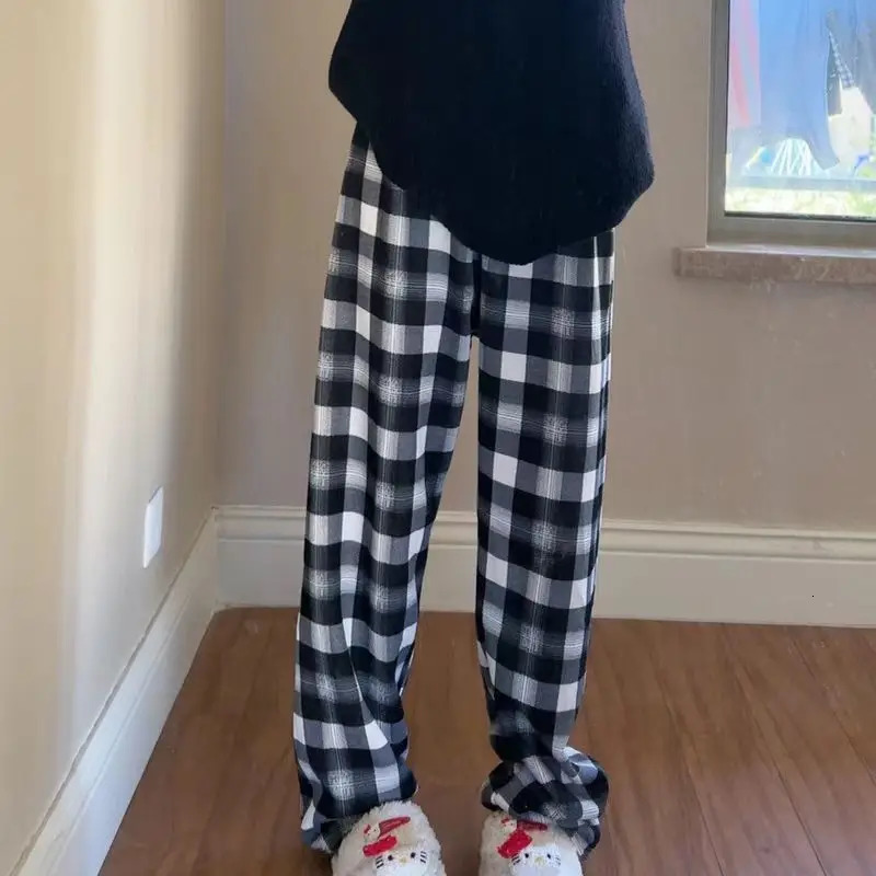 Padded Thickened Wide Leg Pants Winter LambswoolPlaid Female High Waist Casual Straight 241125