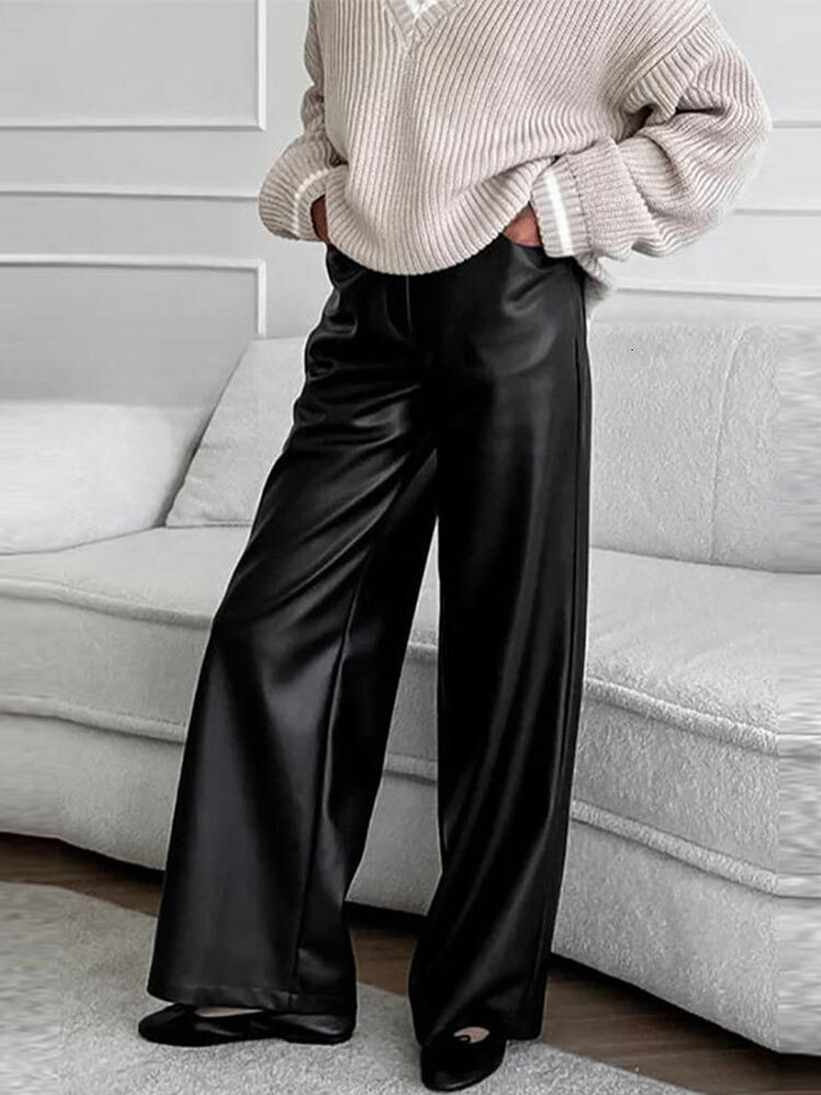 Vintage PU Leather Pants For Women Loose High Waist Wide Leg Pockets Female Trousers New Autumn Fashion Lady Streetwears