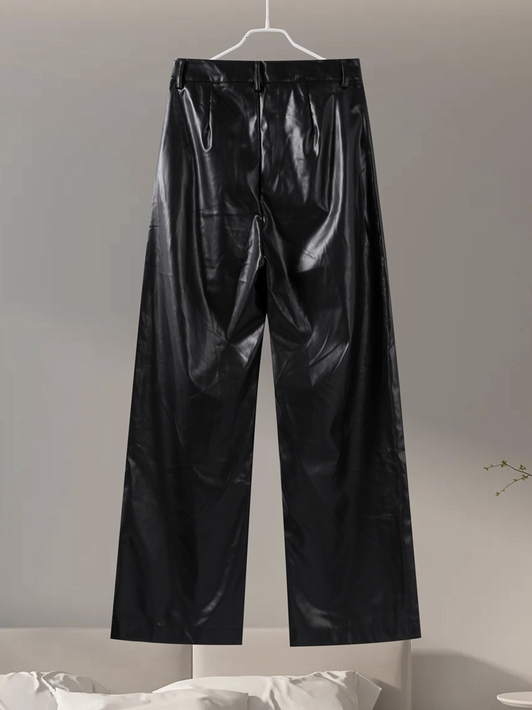 Vintage PU Leather Pants For Women Loose High Waist Wide Leg Pockets Female Trousers New Autumn Fashion Lady Streetwears